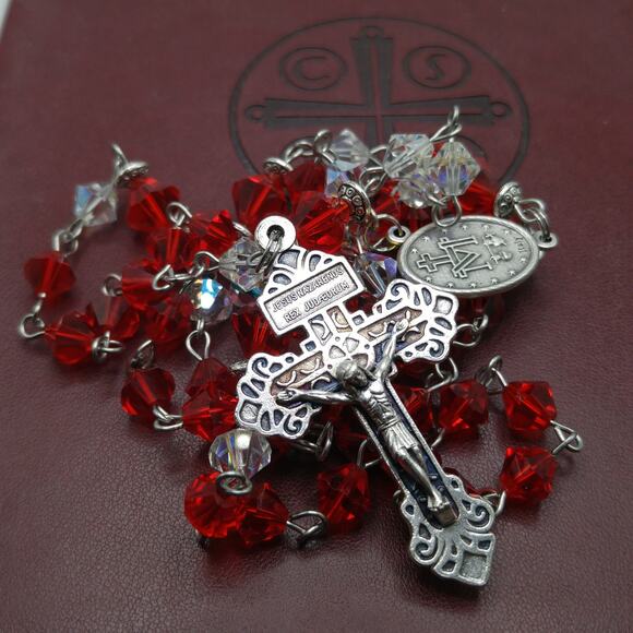 Vintage Red Clear Crystal Rosary, Pardon Crucifix, Hand Wire Wrapped - Picture 3 of 10
